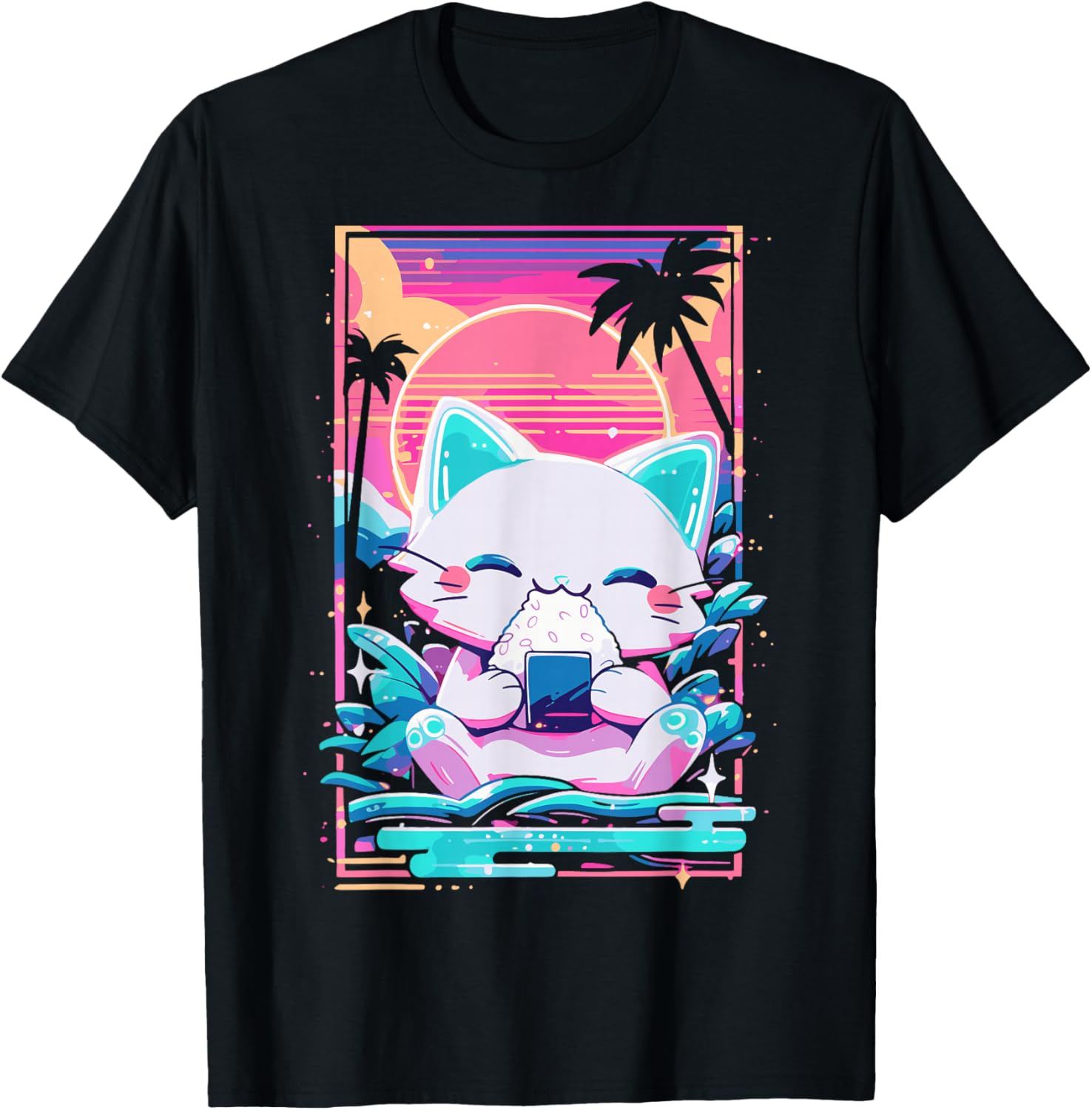 Anime Cat Eating Onigiri Japanese Sushi Cat Japan T-Shirt - T-Shirt | Black