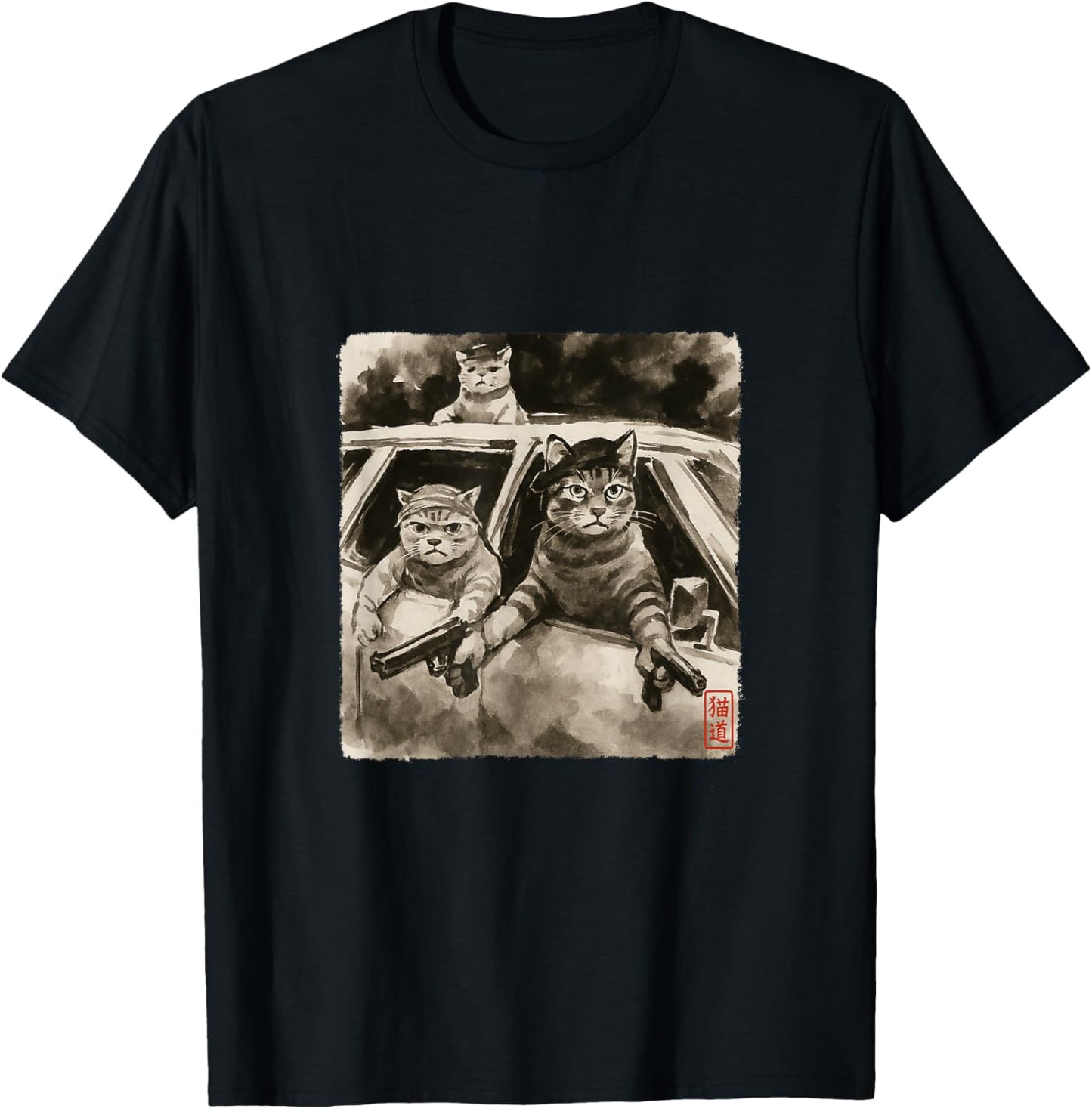 Cat Gang Meme Japanese Art Funny Gangster Cats Sumi-e Kawaii T-Shirt - T-Shirt | Black
