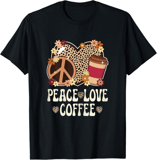 Peace Love Coffee Lover Cheetah Print Women Girl Cute Coffee T-Shirt - T-Shirt | Black