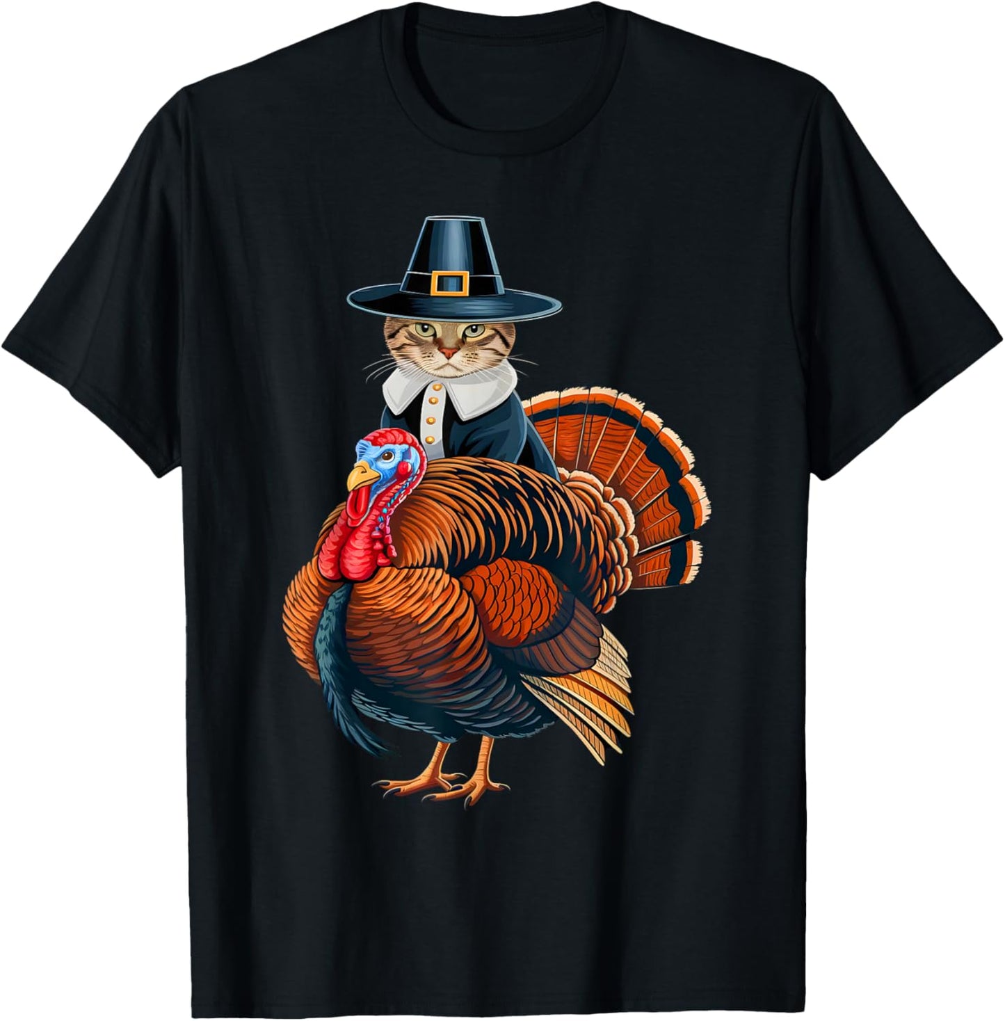 Pilgrim Cat With Turkey Funny Thanksgiving Cat And Turkey T-Shirt - T-Shirt | Black