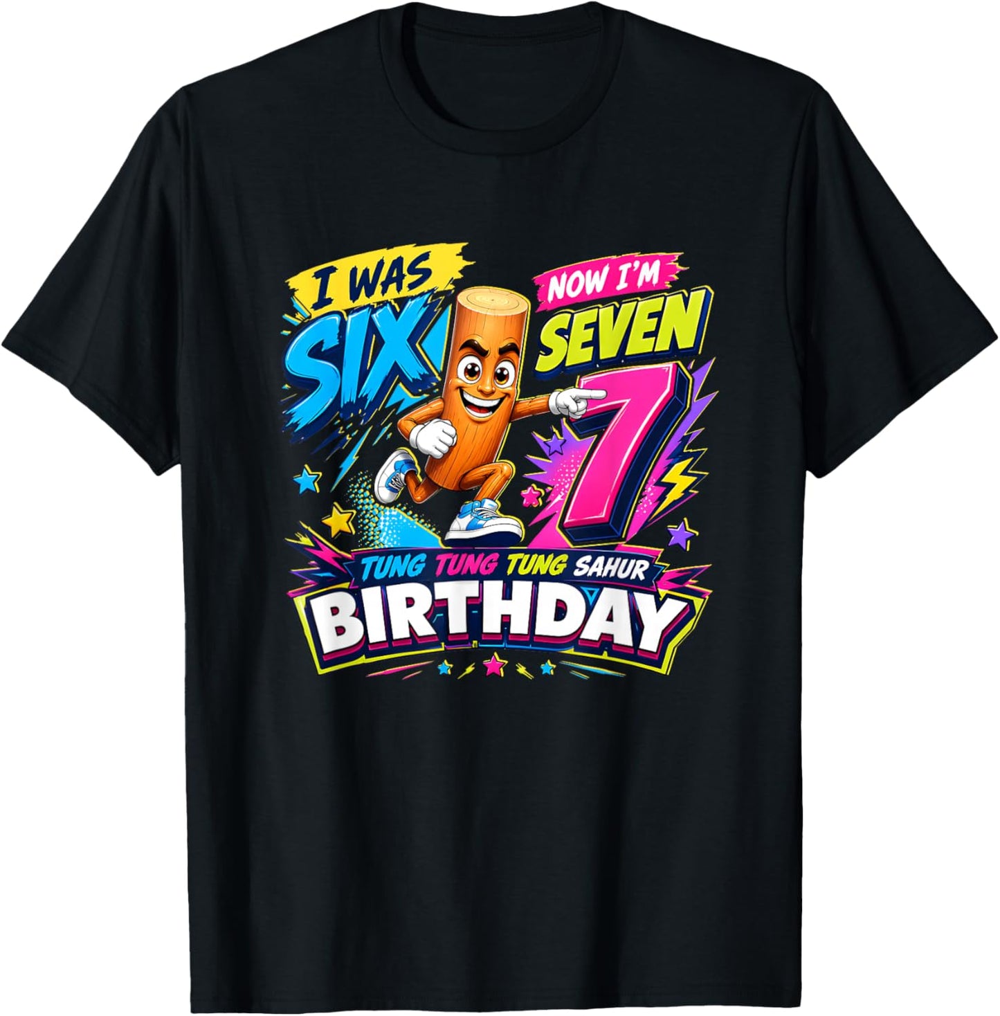 I was 6 Now I'm 7 Birthday Boys Kids 67 Tung Tung Sahur T-Shirt - T-Shirt | Black