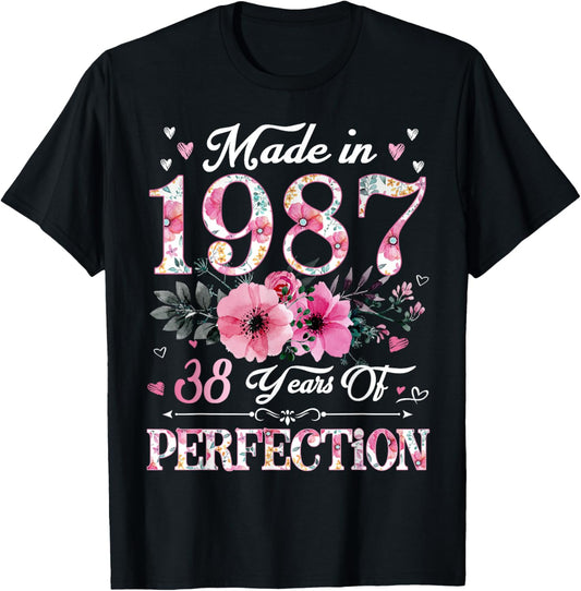 38 Year Old Made In 1987 Floral 38th Birthday Gift T-Shirt - T-Shirt | Black