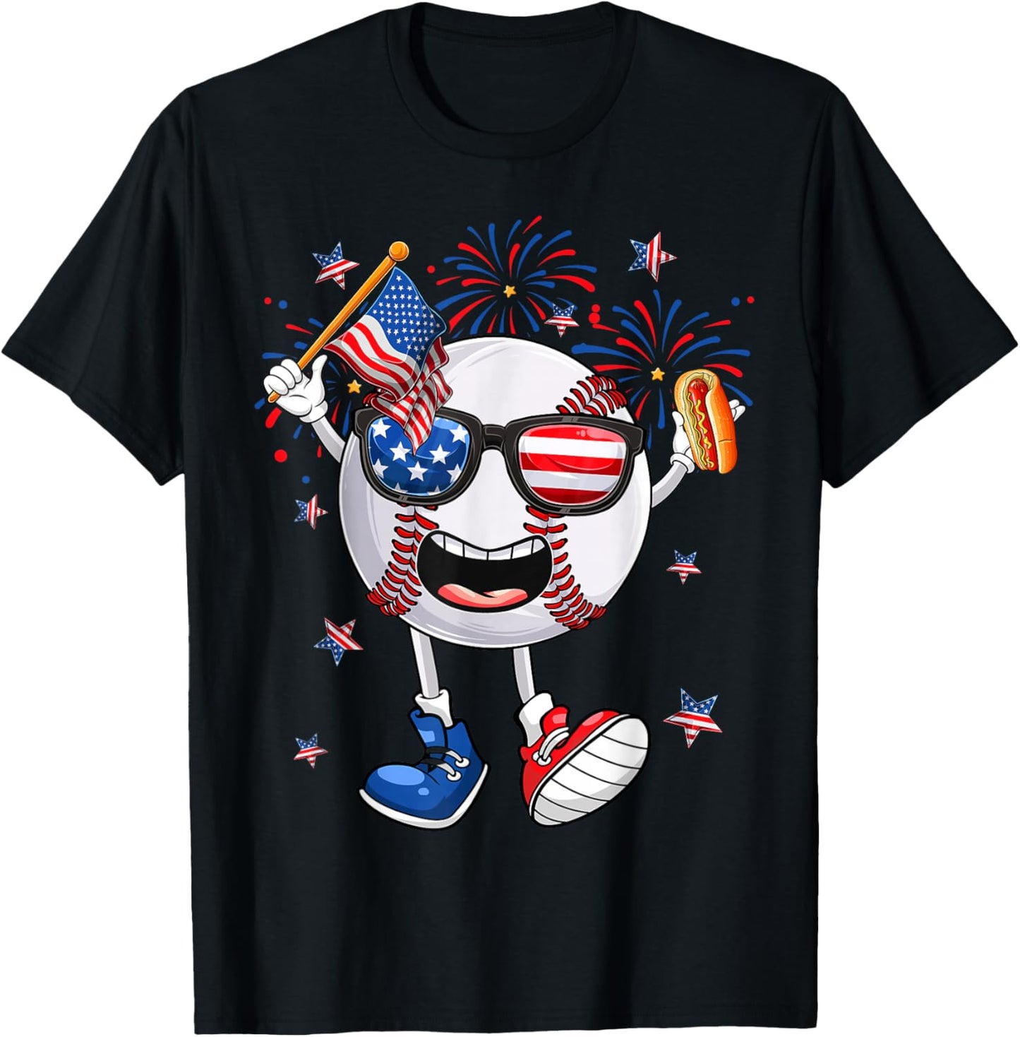 Baseball Holding Hotdog USA Independence Day 4th Of July T-Shirt - T-Shirt | Black