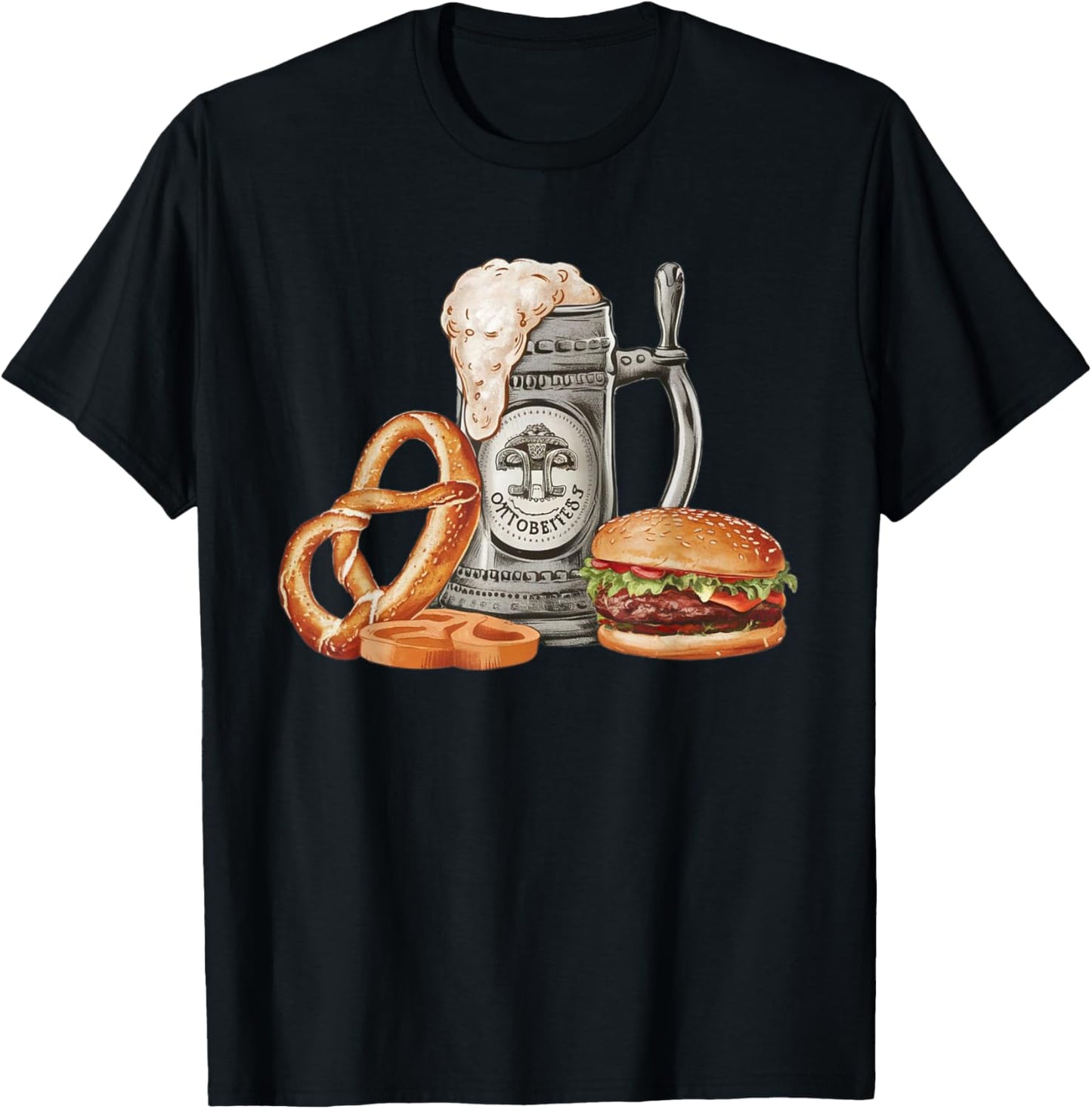 Oktoberfest Beer Mug with Pretzel and Burger, Festive Bavar T-Shirt - T-Shirt | Black