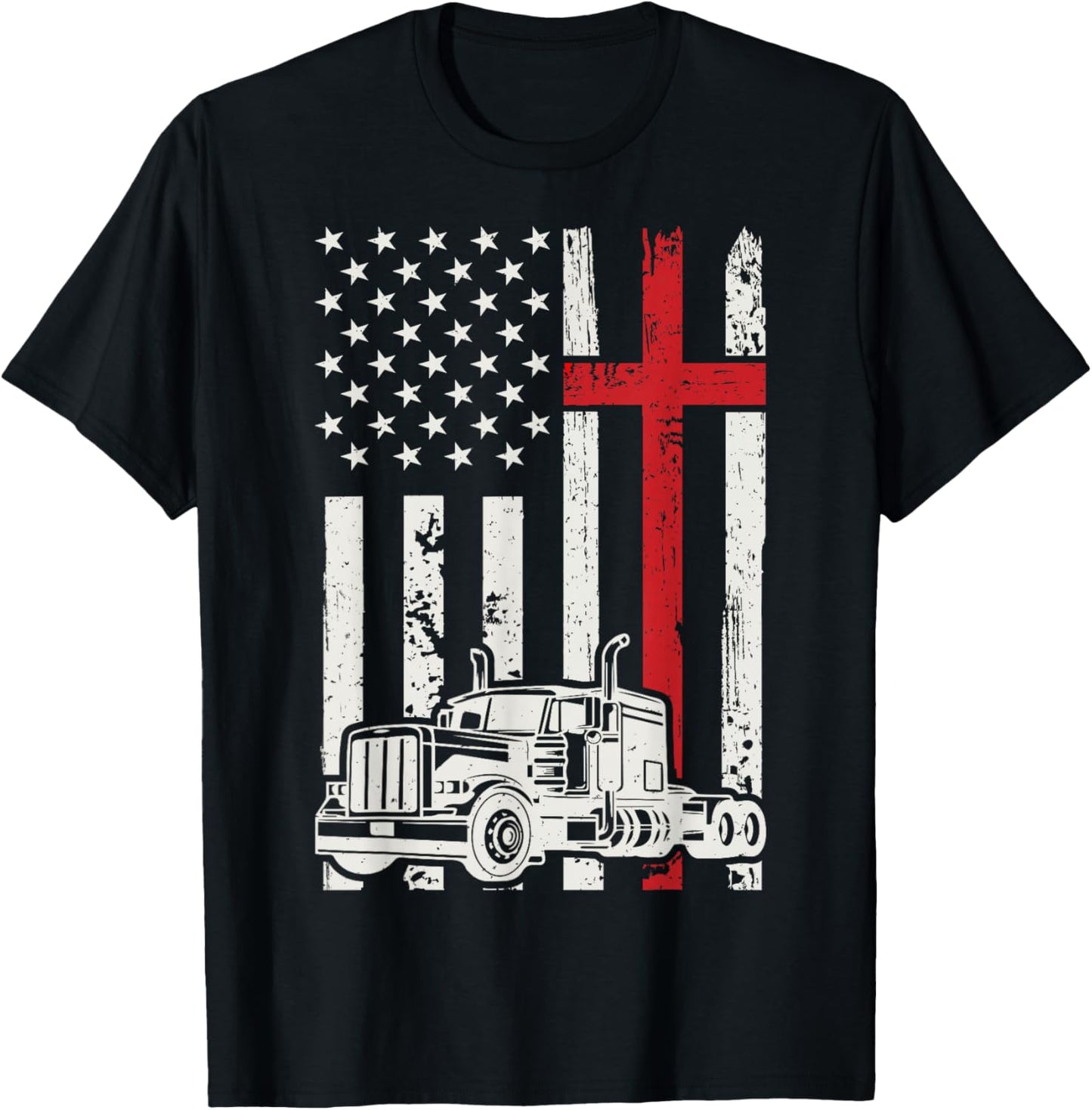 Semi Truck American Flag Christian Truck Driver Patriotic T-Shirt - T-Shirt | Black