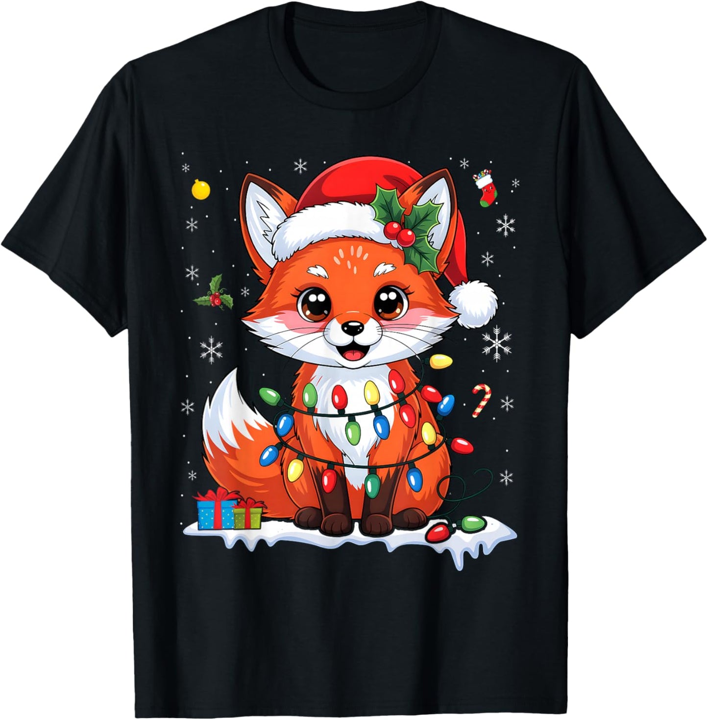 Merry Foxmas Christmas Lights Cute Fox Santa Hat T-Shirt - T-Shirt | Black