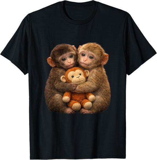 Monkey Punch with His Girlfriend Monkey Punch Plush Hugging T-Shirt - T-Shirt | Black