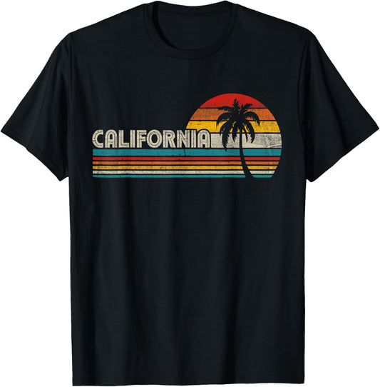 Vintage California Sunset Palm Trees Summer Vacation Vibes T-Shirt - T-Shirt | Black