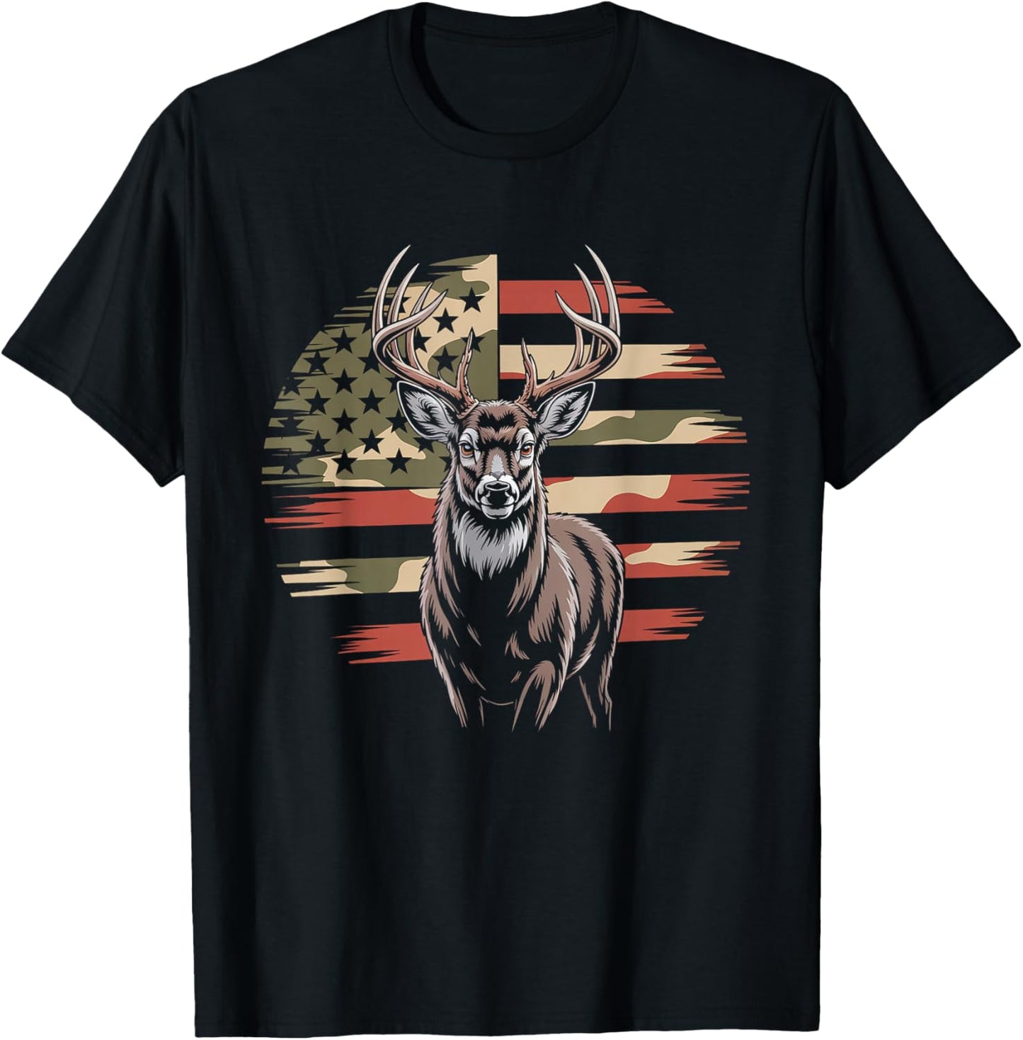 Deer Hunting Camo American Flag - Buck USA T-Shirt - T-Shirt | Black