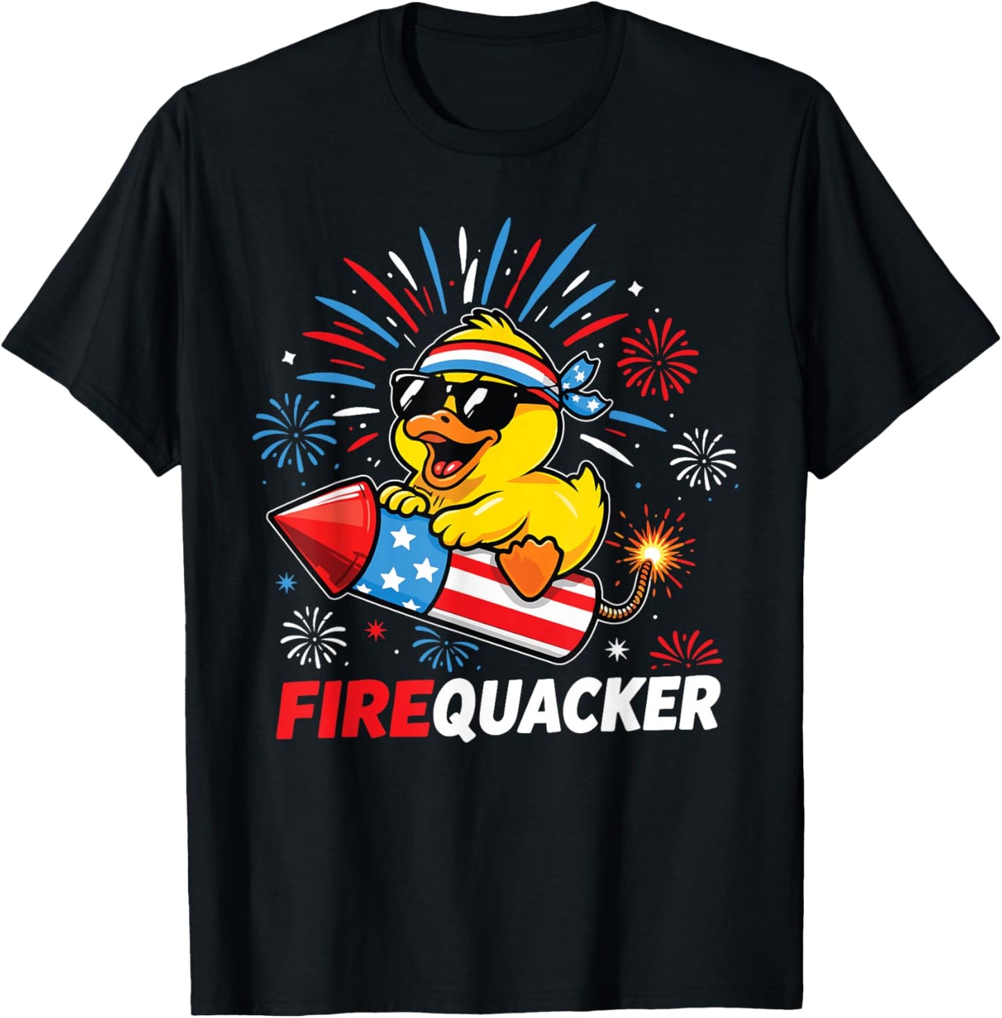 Firequacker 4th of July Funny Duck Fireworks Men Women Kids T-Shirt - T-Shirt | Black