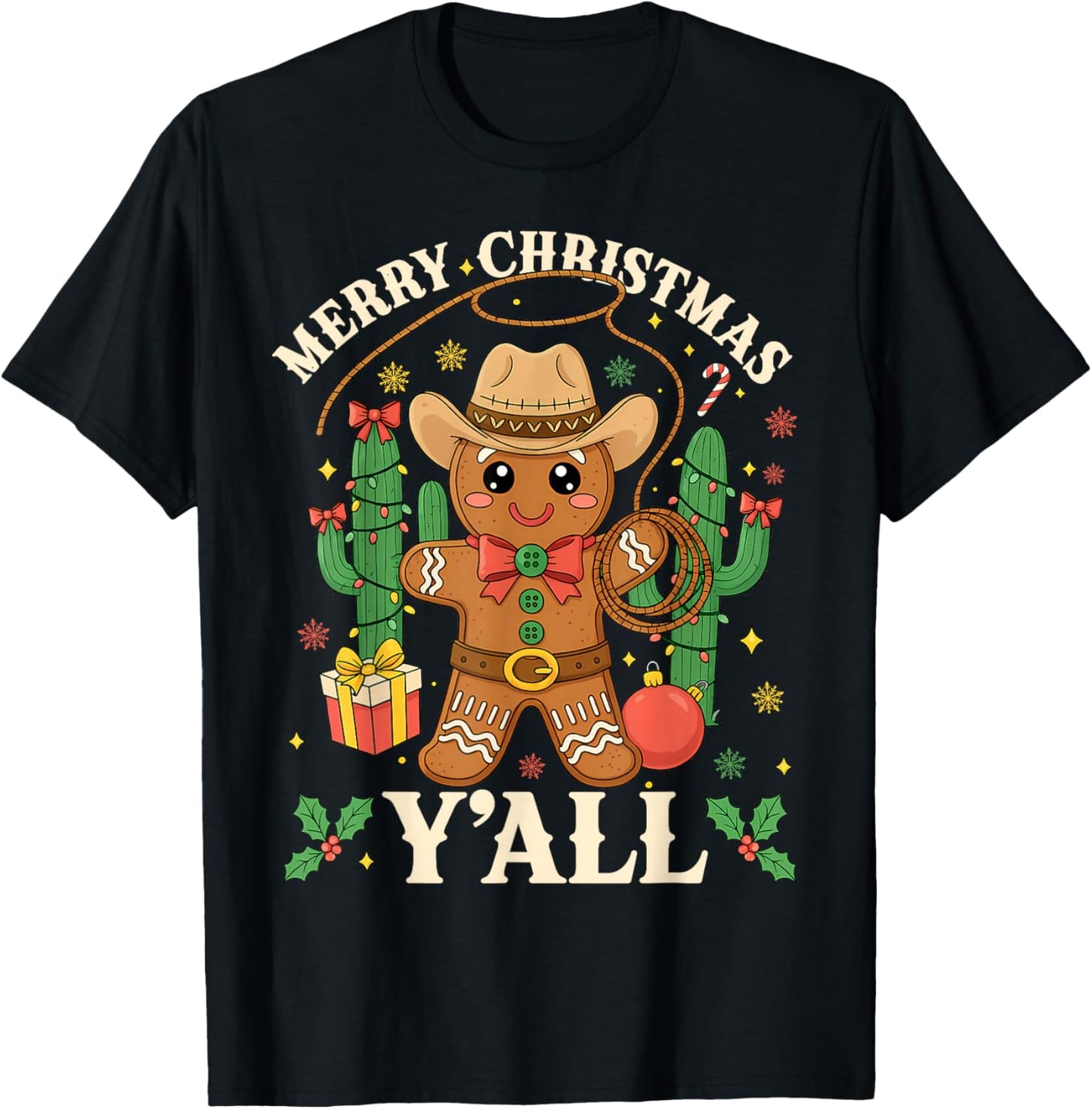 Merry Christmas Yall Gingerbread Cowboy Cowgirl Howdy Xmas T-Shirt - T-Shirt | Black