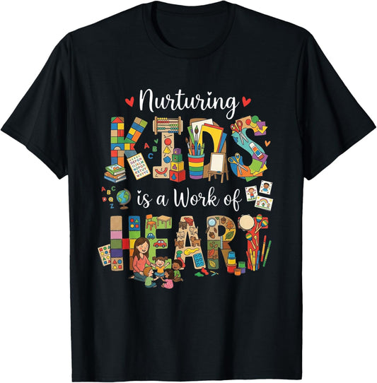 Lunch Lady Nurturing Kids Work of Heart Funny Teacher T-Shirt - T-Shirt | Black