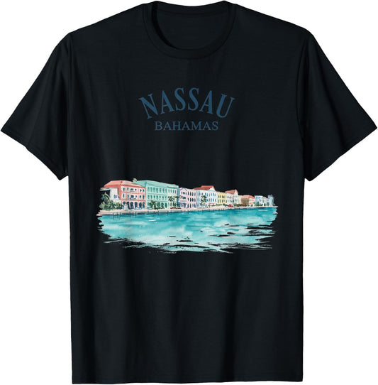 Nassau Bahamas Vintage Watercolor Flag Scenic Beach Travel T-Shirt - T-Shirt | Black