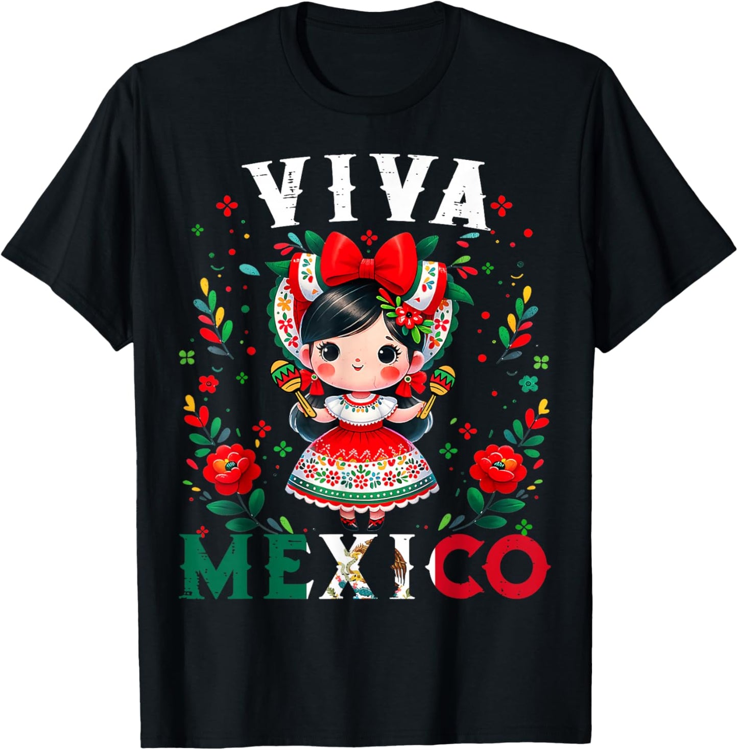 Viva Mexico Flag Mexican Independence Day Girls Kids T-Shirt - T-Shirt | Black
