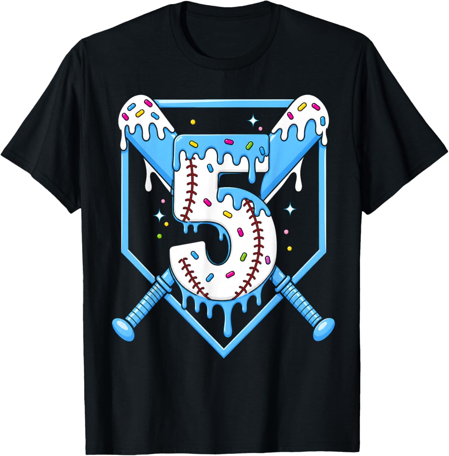 5th Birthday Boy Baseball Ice Cream Drip 5 Year Old Party T-Shirt - T-Shirt | Black