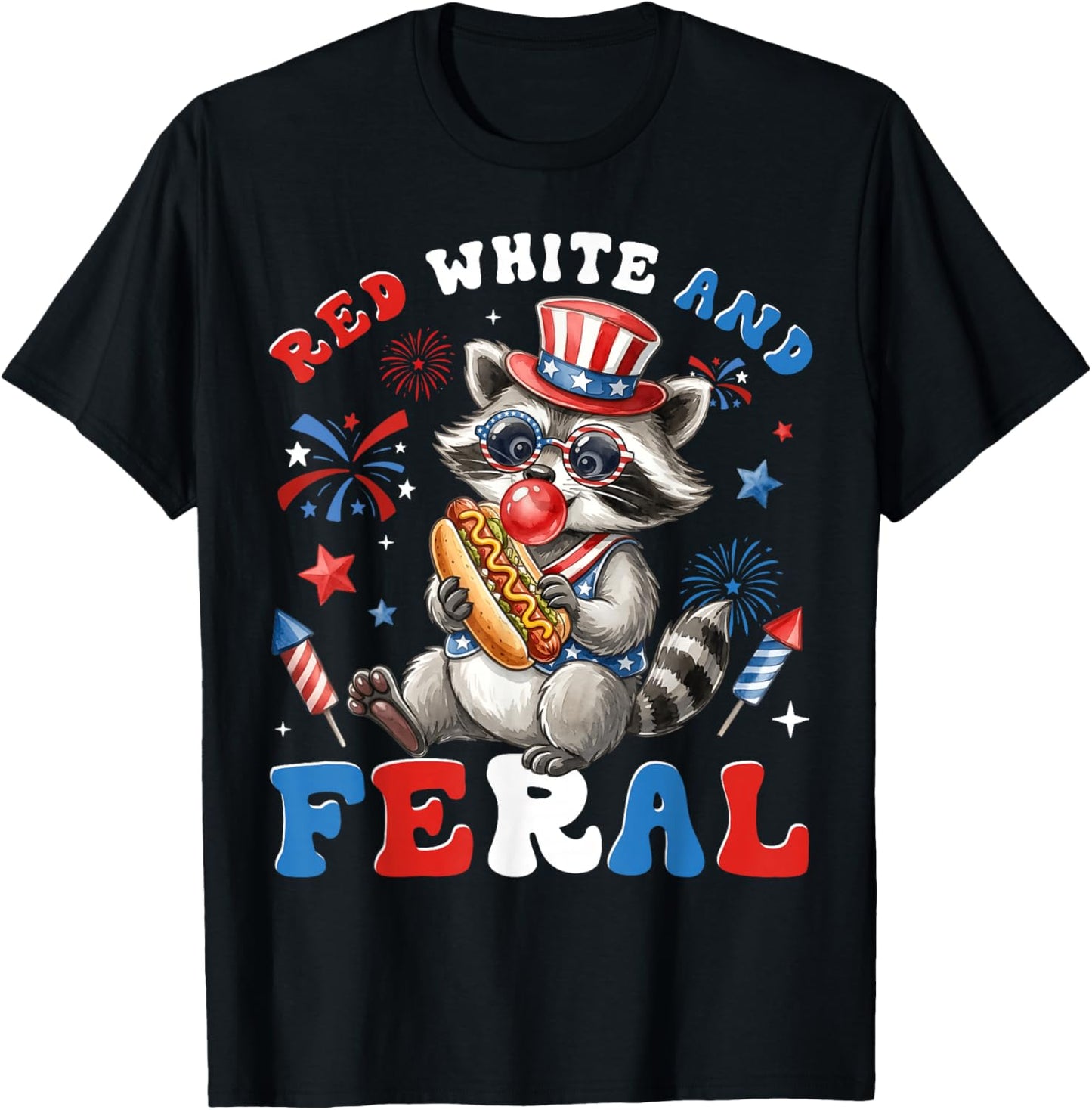 4th of July Funny Raccoon Red White Feral Kids Men Women T-Shirt - T-Shirt | Black