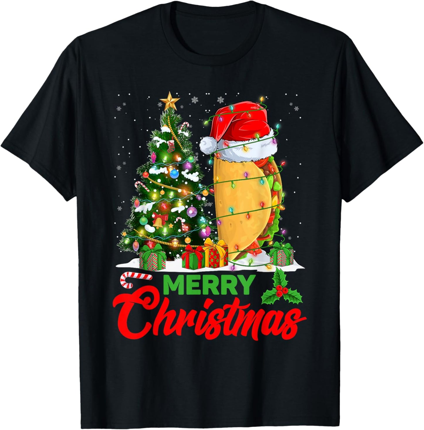 Funny Taco Christmas Tree Lights Mexican Food Lover Xmas T-Shirt - T-Shirt | Black