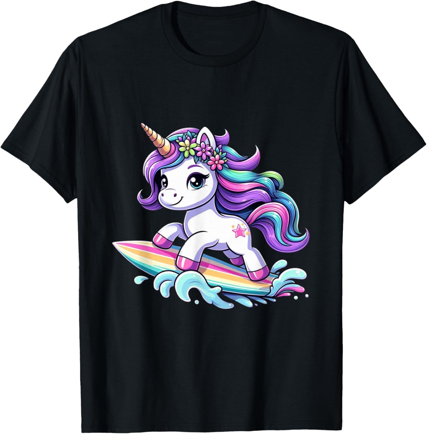 Unicorn Riding Surfboard Boys Girls Women Kids Teens Rainbow T-Shirt - T-Shirt | Black