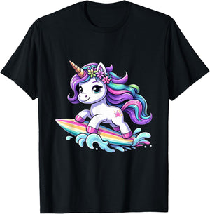 Unicorn Riding Surfboard Boys Girls Women Kids Teens Rainbow T-Shirt - T-Shirt | Black