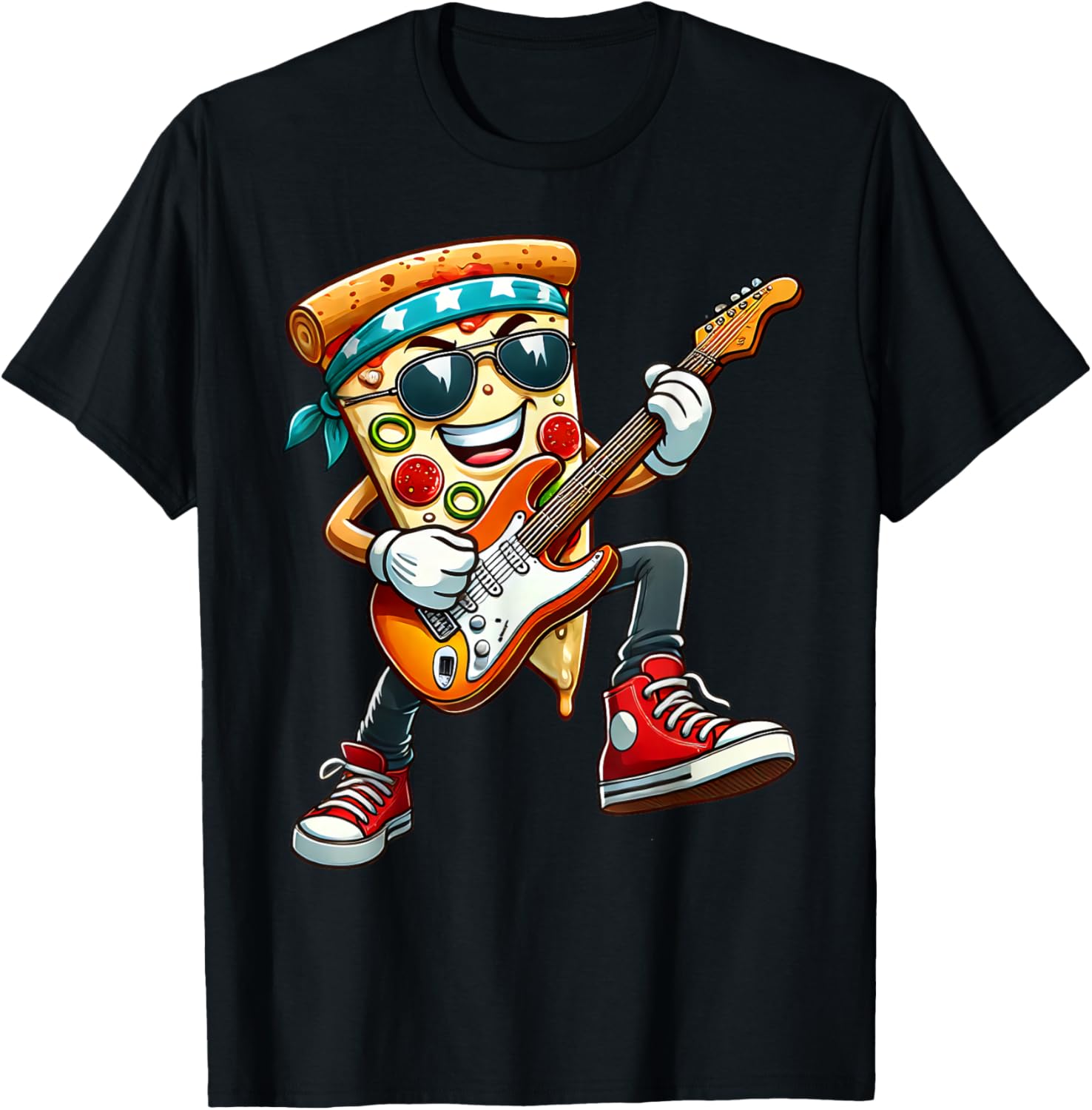 Funny Pizza Rockstar Electric Guitar Music Men Women Kids T-Shirt - T-Shirt | Black