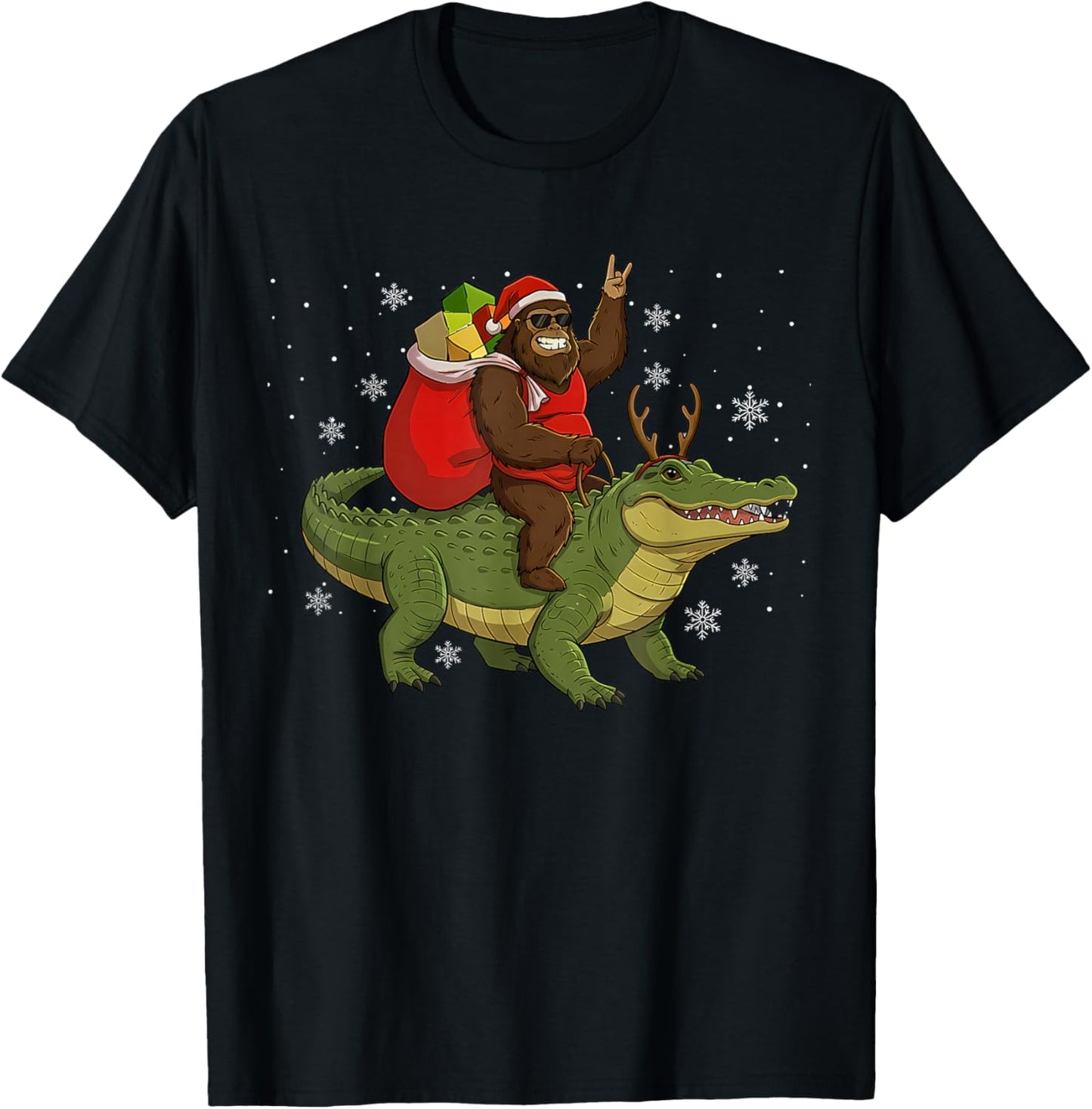 Bigfoot Riding Alligator Deer Xmas Alligator Christmas T-Shirt - T-Shirt | Black