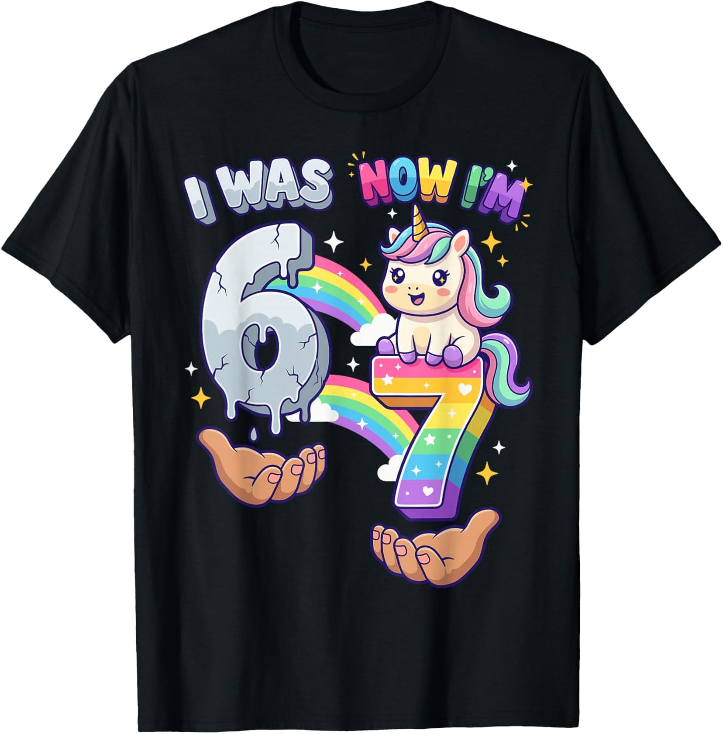 I was 6 Now I'm 7 7th Birthday 6 7 Birthday Girls Unicorn T-Shirt - T-Shirt | Black
