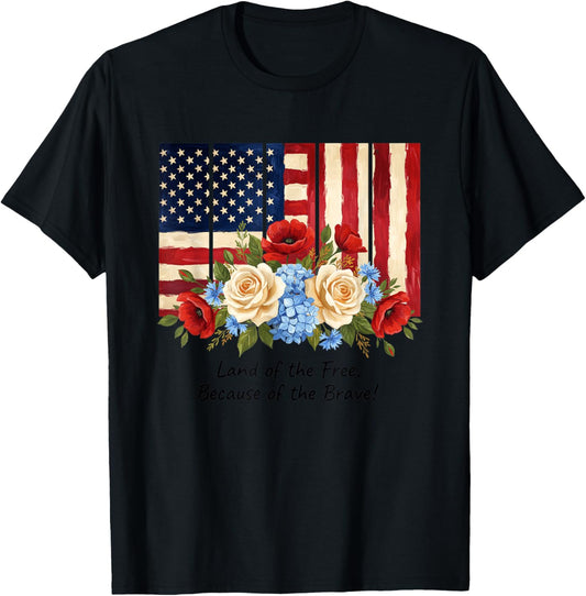 USA Floral Flag - Land of The Free, Because of The Brave T-Shirt - T-Shirt | Black