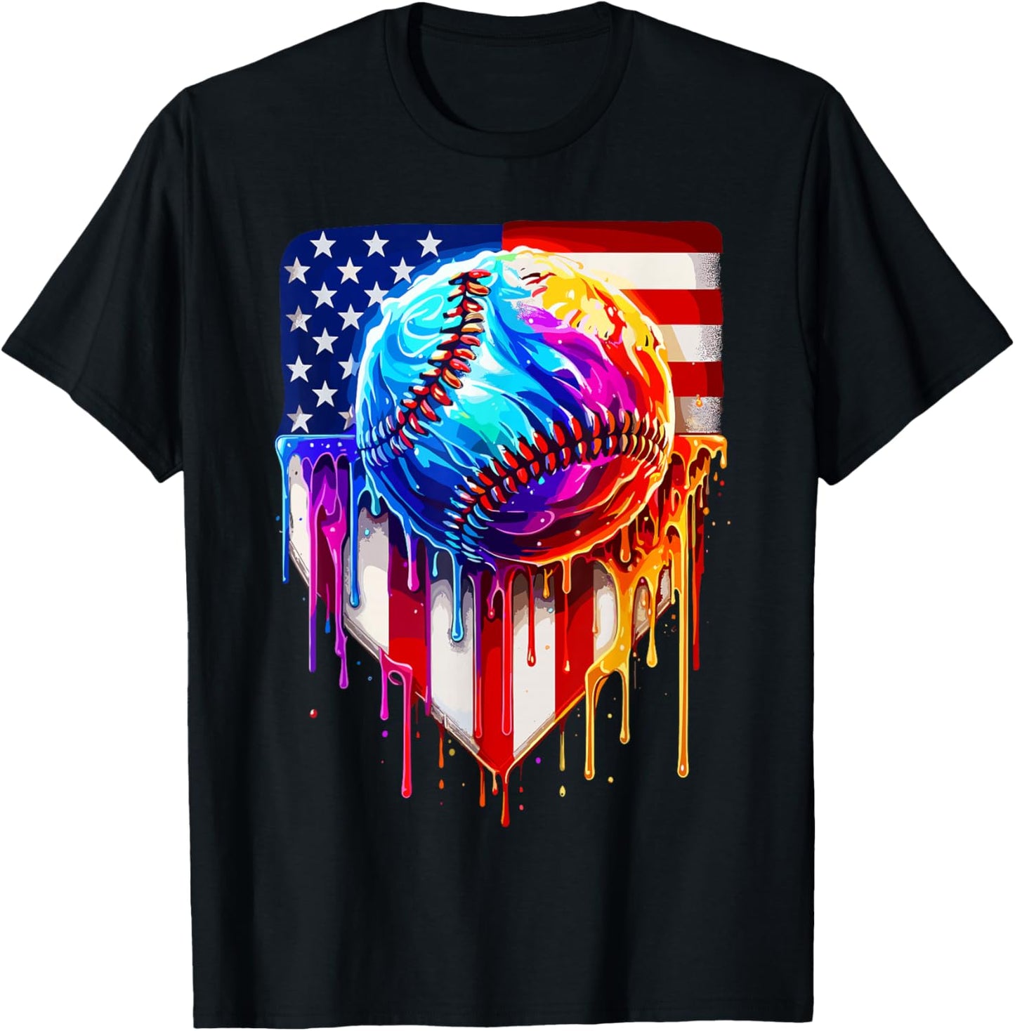 Baseball Ice Cream American Flag Drip T-Shirt - T-Shirt | Black