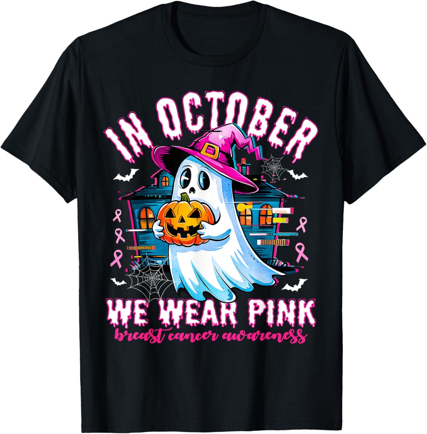 In October we Wear Pink With Ghost Breast Cancer Awareness T-Shirt - T-Shirt | Black