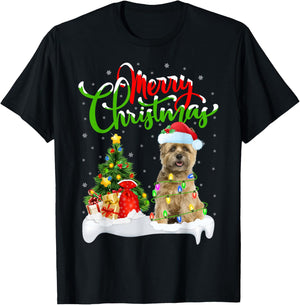 Xmas Tree Lights Santa Hat Cairn Terrier Dog Christmas Women Kids T-Shirt - T-Shirt | Black