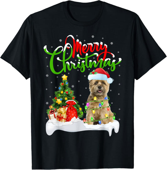 Xmas Tree Lights Santa Hat Cairn Terrier Dog Christmas Women Kids T-Shirt - T-Shirt | Black