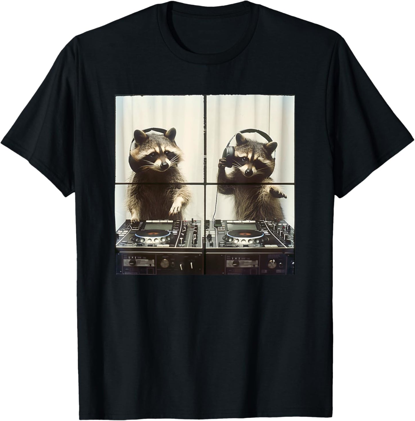 DJ Raccoon Vinyl Turntables 90s EDM Music Raccoon DJ T-Shirt - T-Shirt | Black
