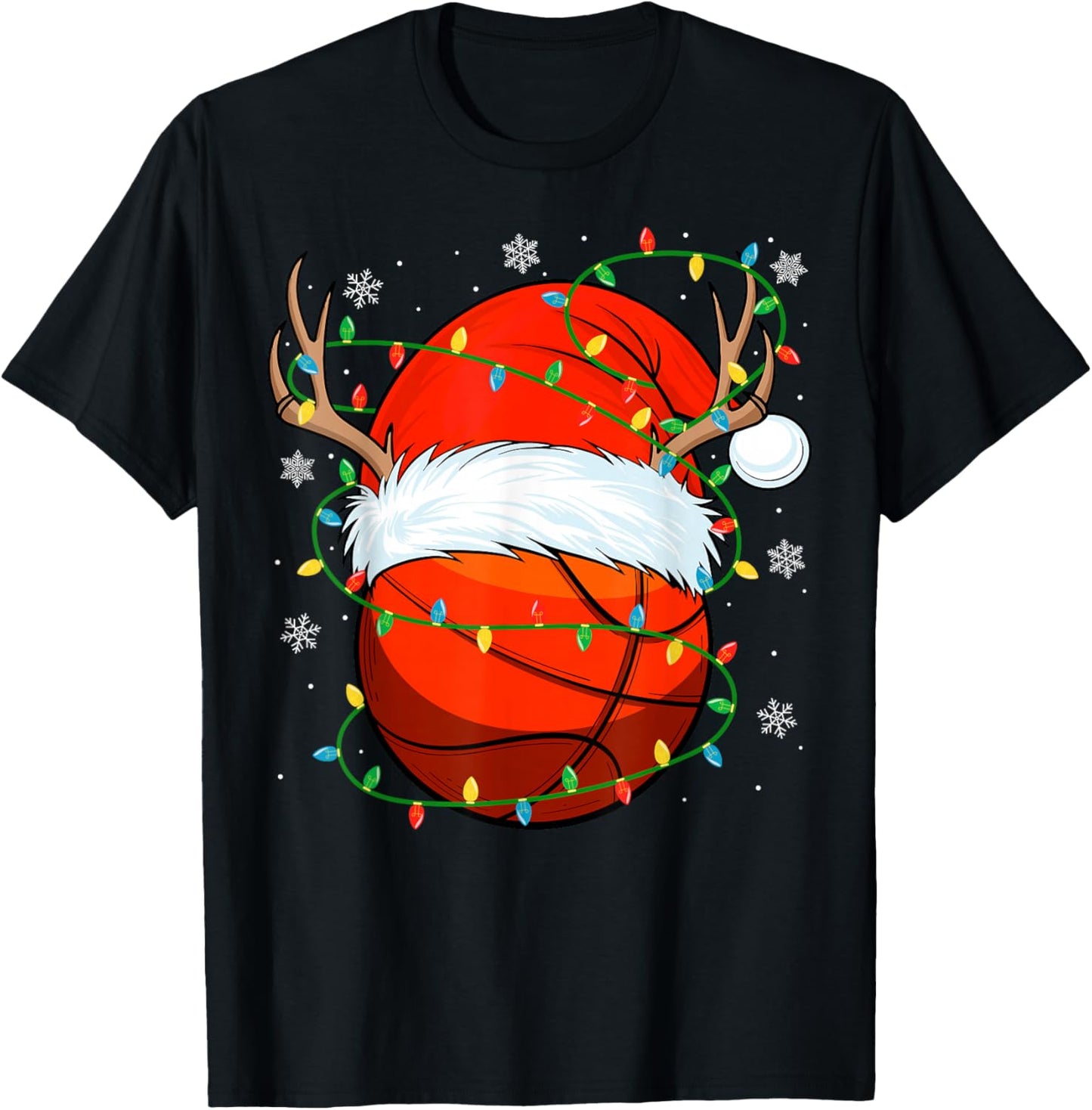Santa Basketball Ball Xmas Lights Christmas Basketball T-Shirt - T-Shirt | Black