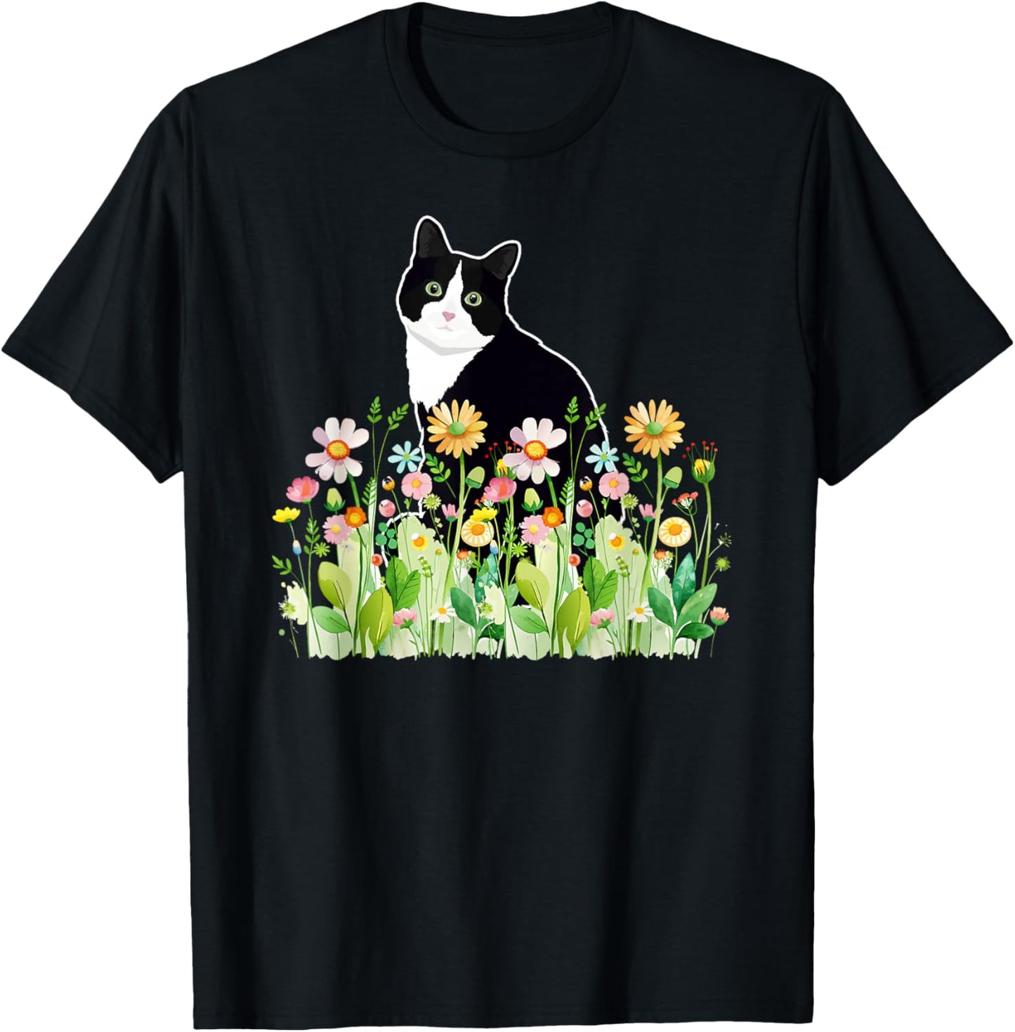 Tuxedo Cat Owner Tuxedo Cat Lover Flowers Tuxedo Cat Mom T-Shirt - T-Shirt | Black