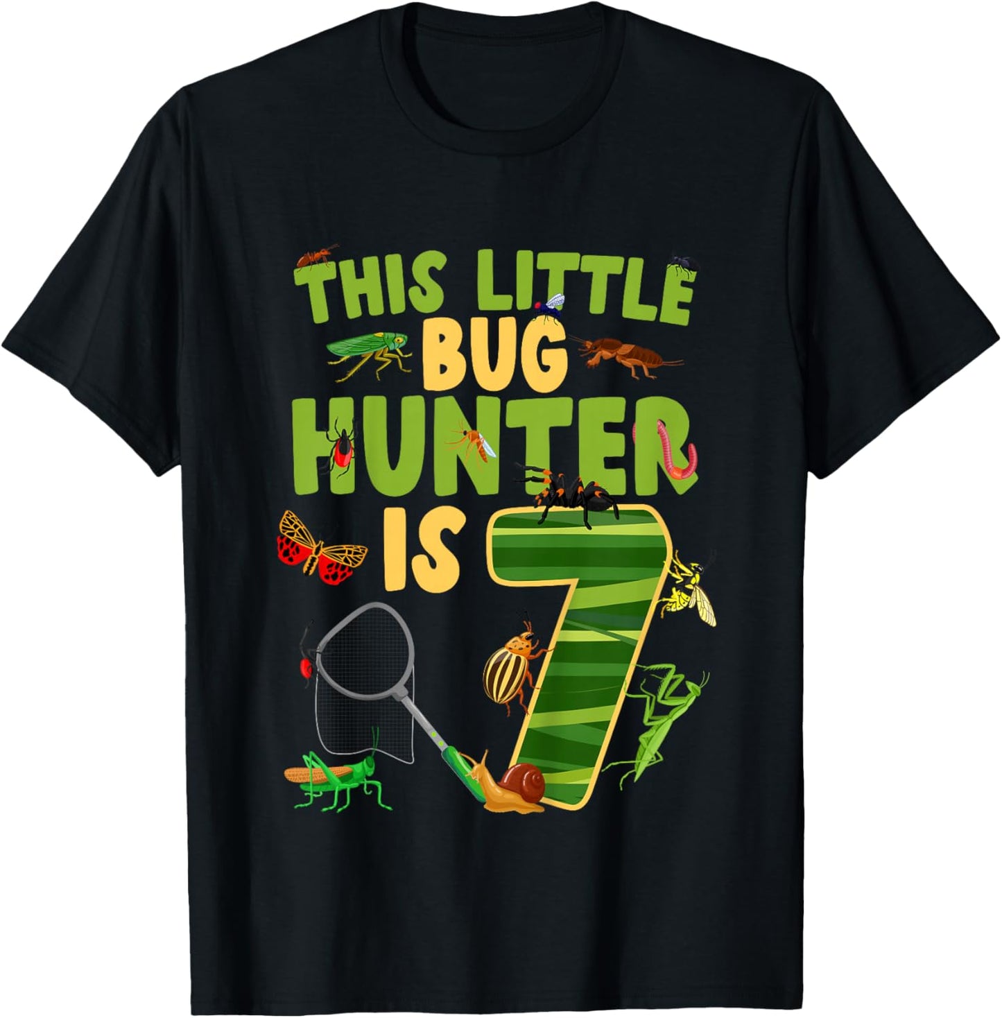 7th Bug Birthday Party Seven Year Old Bugs Birthday T-Shirt - T-Shirt | Black