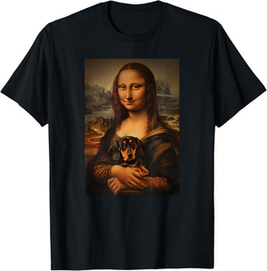 Dachshund Doxie Mona Lisa Painting Art Dog Mom Dad T-Shirt - T-Shirt | Black