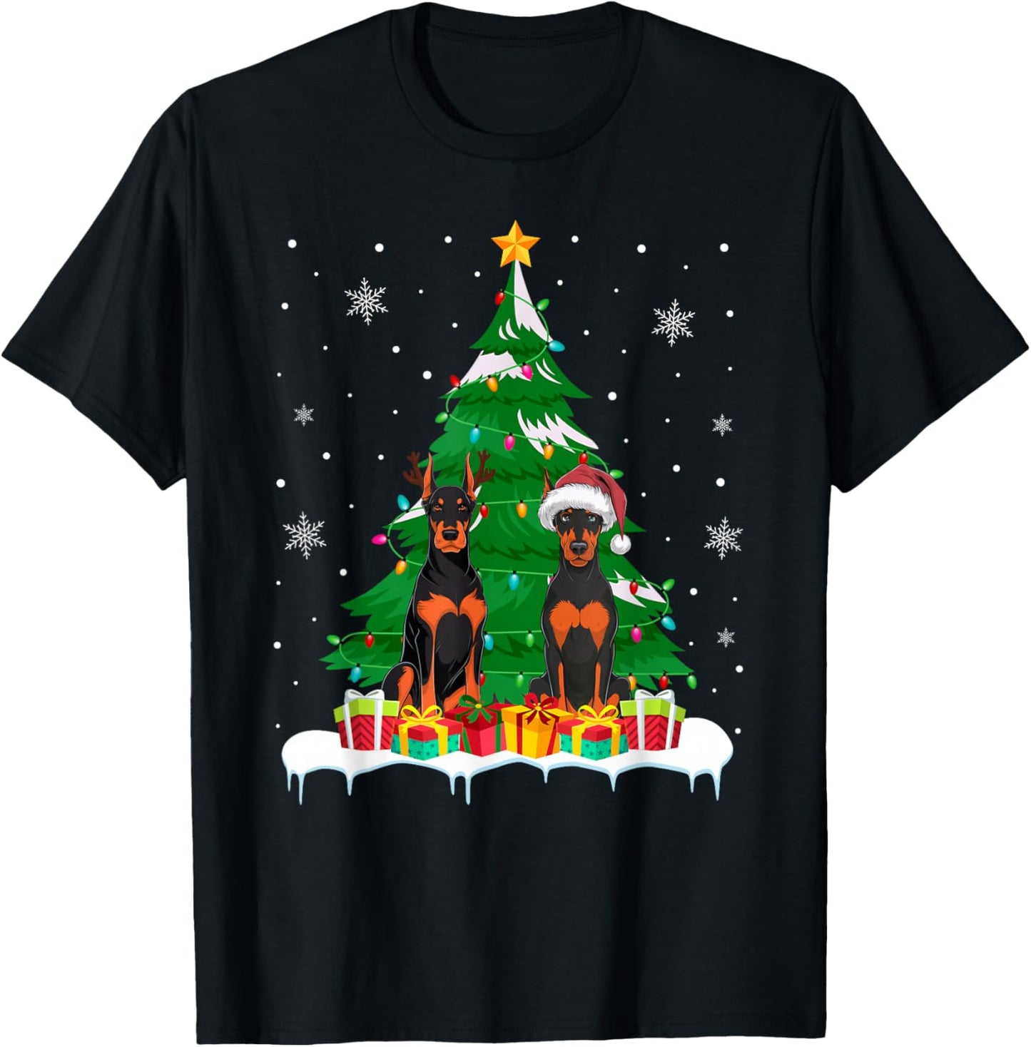 Doberman Pinscher Dog Christmas Tree Light Santa Reindeer PJ T-Shirt - T-Shirt | Black