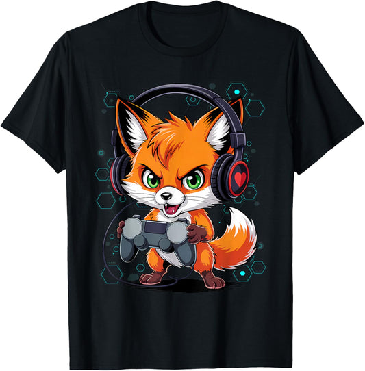 Funny Red Fox Gamer Video Games Boys Girls Kids T-Shirt - T-Shirt | Black