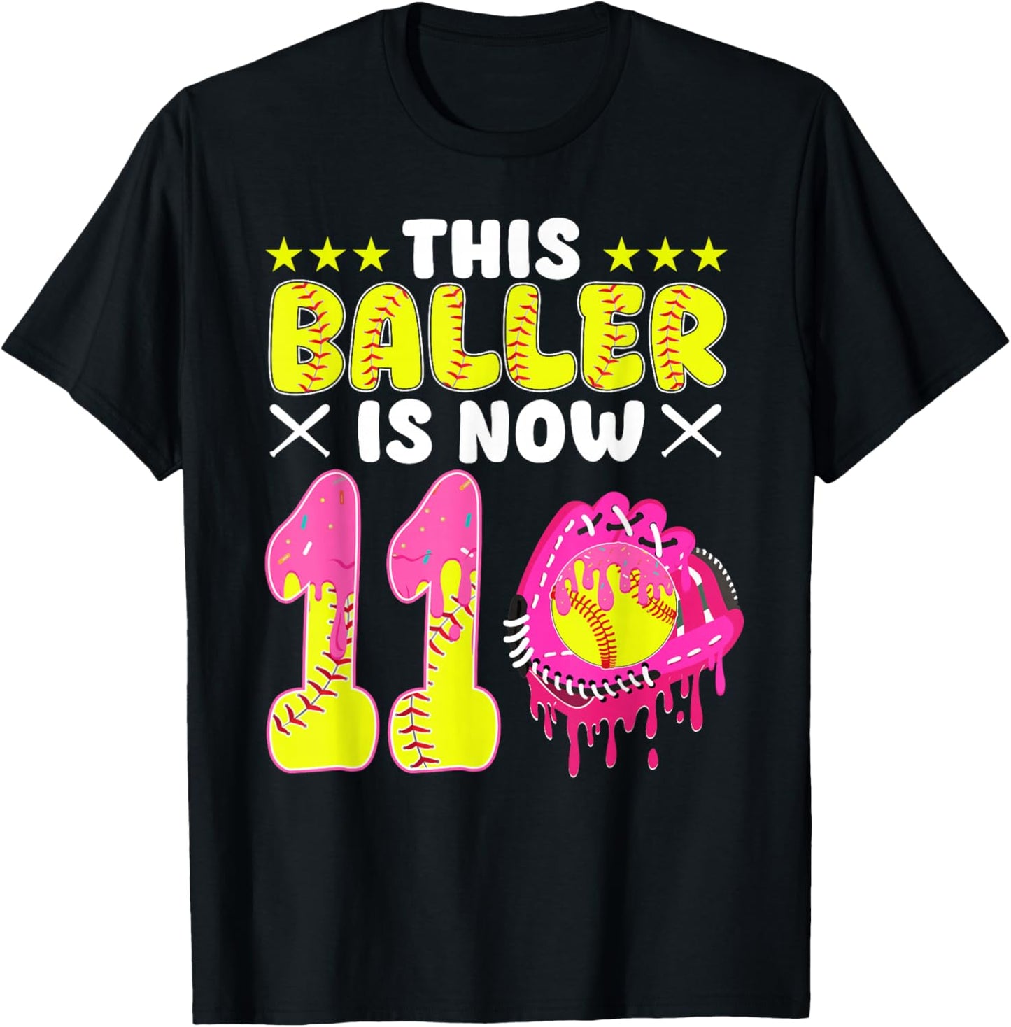 This Baller is Now 11 Year Old Bday Softball Ice Cream Drip T-Shirt - T-Shirt | Black