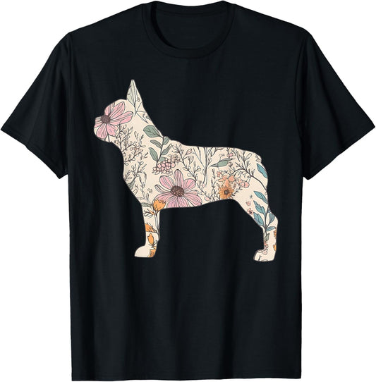Floral French Dog Silhouette Dog Pet French Bulldog Flower Women T-Shirt - T-Shirt | Black