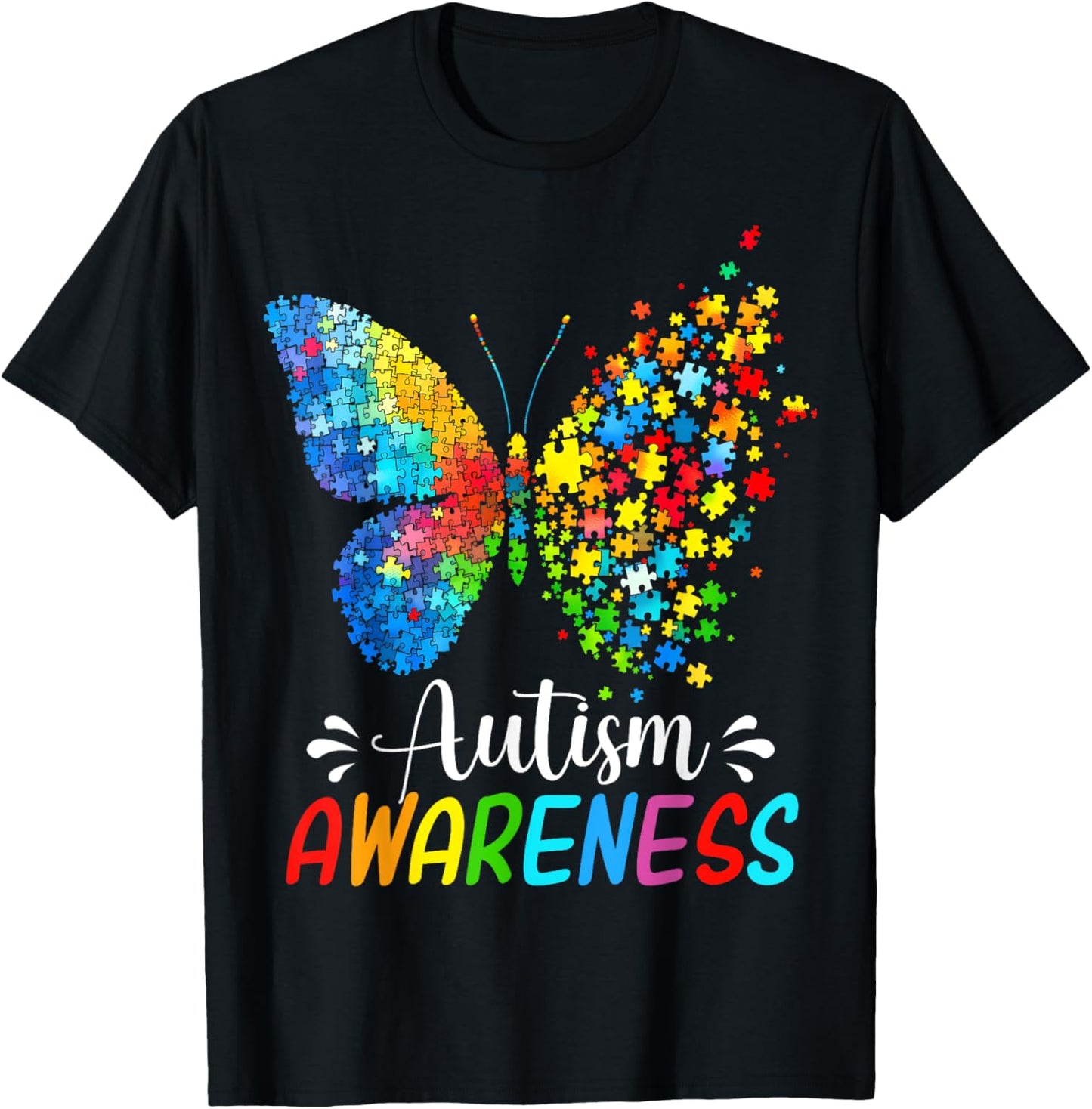 Autism Awareness Butterfly Cute Colorful Rainbow Women Girls T-Shirt - T-Shirt | Black