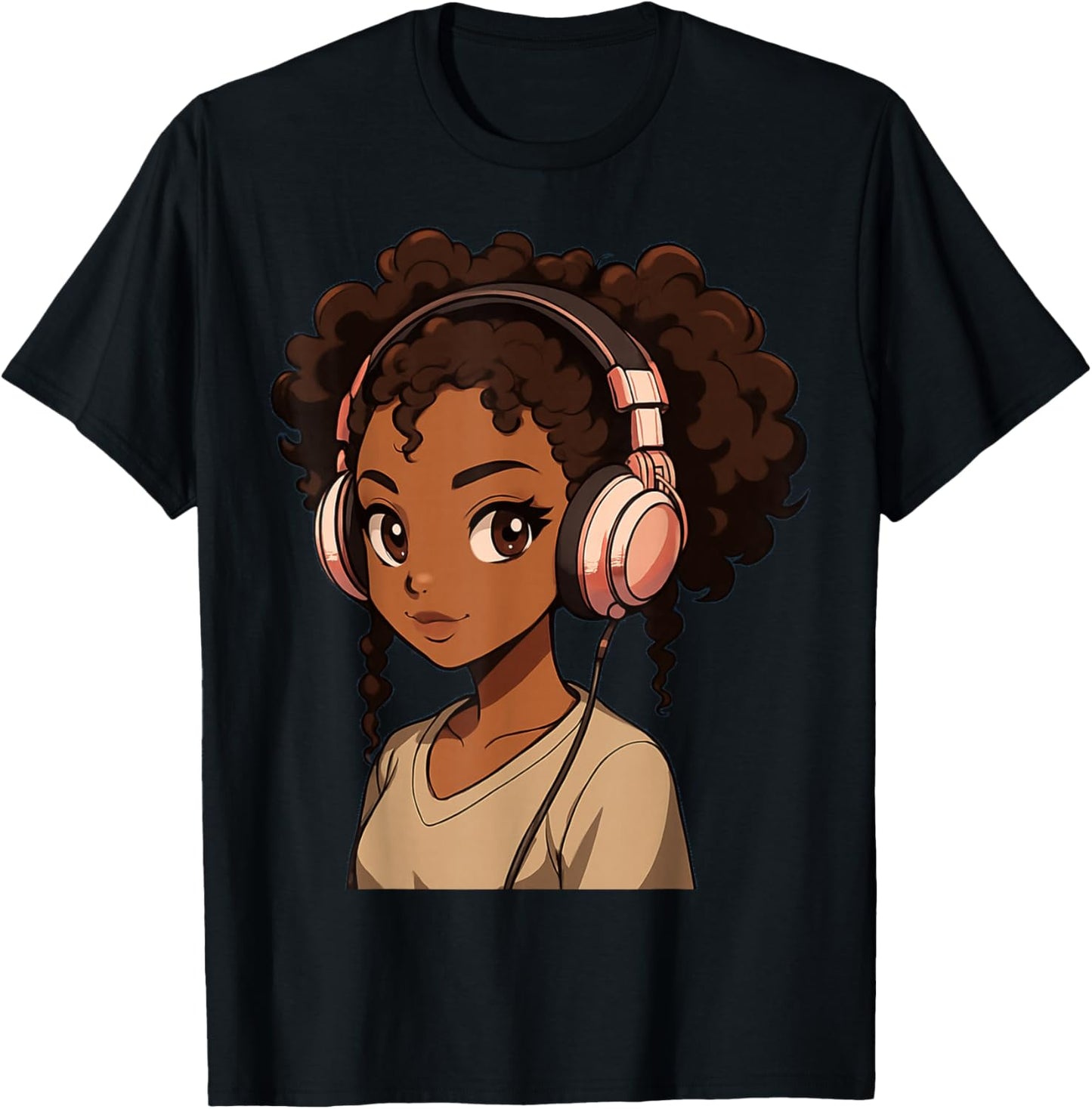 Anime Girl with Headphones Illustration T-Shirt - T-Shirt | Black