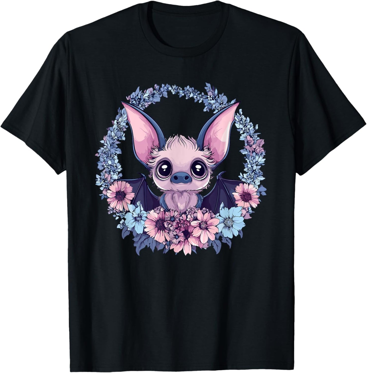 Adorable Bat Surrounded By Beautiful Flowers T-Shirt - T-Shirt | Black
