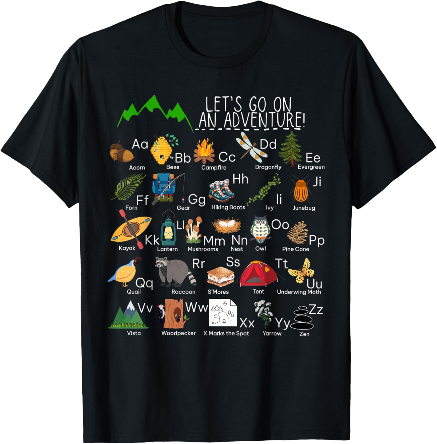 Retro Adventure Camping Alphabet ABCs Hiker Mountains Camp T-Shirt - T-Shirt | Black