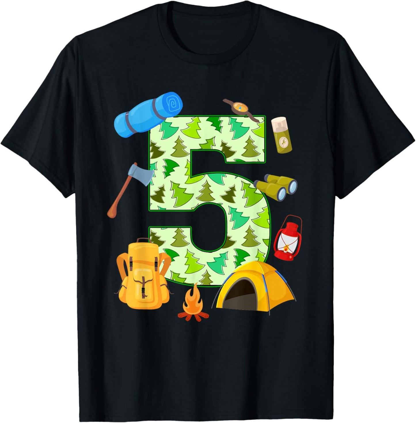 5th Birthday Camping Theme 5 Year Old Birthday Kids T-Shirt - T-Shirt | Black