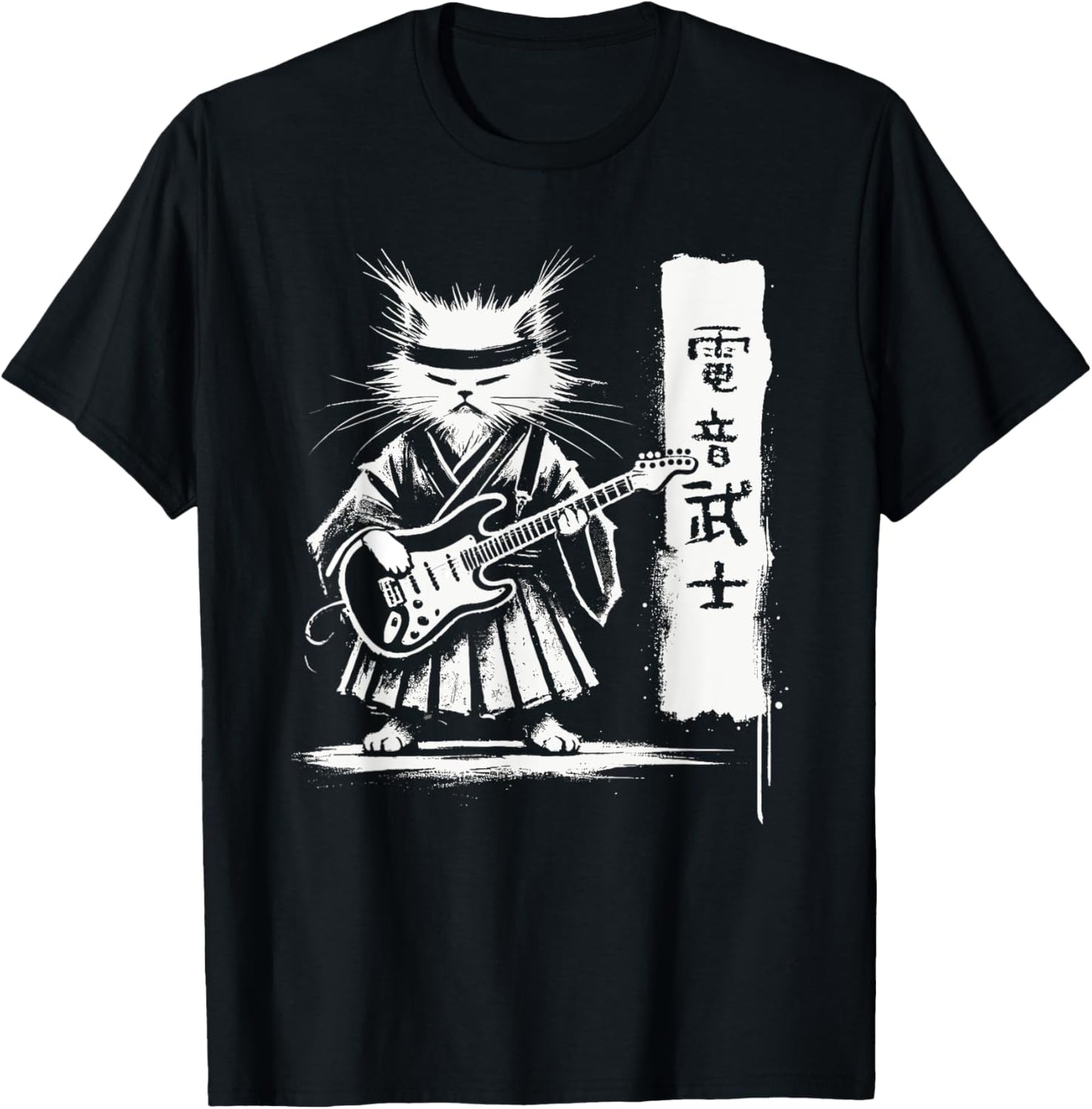 Samurai Japanese Kawaii Rock Music Men Kids Women Cat Guitar T-Shirt - T-Shirt | Black