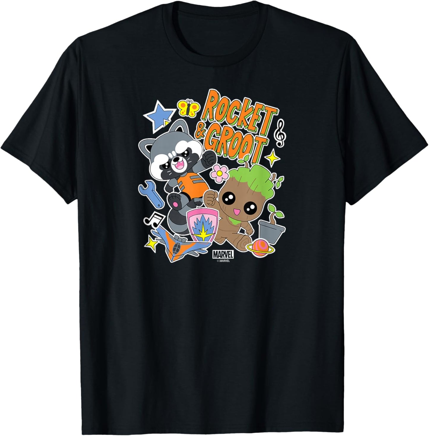 Guardians of The Galaxy - Groot and Rocket Stickers T-Shirt - T-Shirt | Black