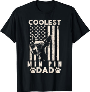 Coolest Min Pin Dad Vintage American Flag Funny Fathers Day Kids Men T-Shirt - T-Shirt | Black