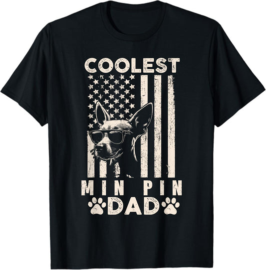 Coolest Min Pin Dad Vintage American Flag Funny Fathers Day Kids Men T-Shirt - T-Shirt | Black