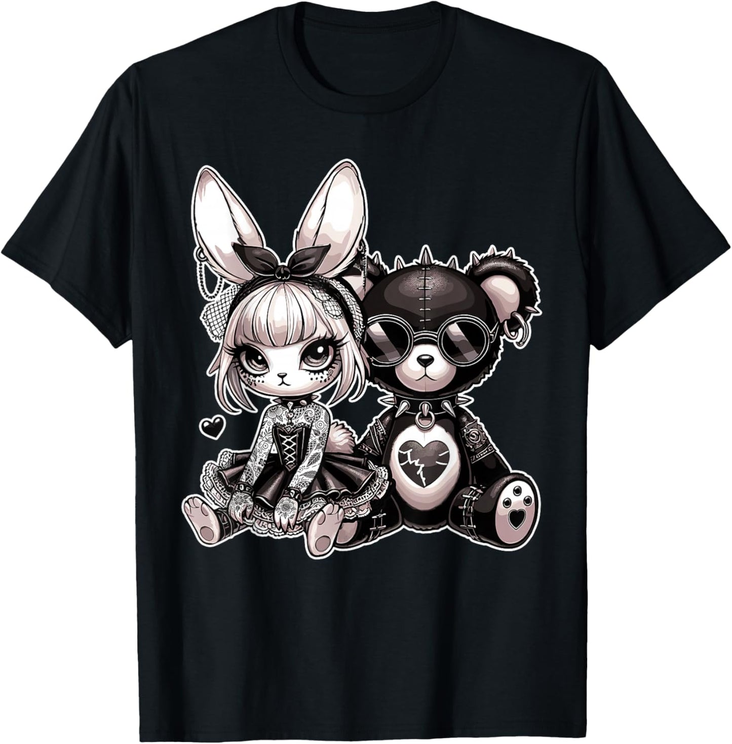 Gothic Bunny & Punk Teddy Bear Aesthetic T-Shirt - T-Shirt | Black